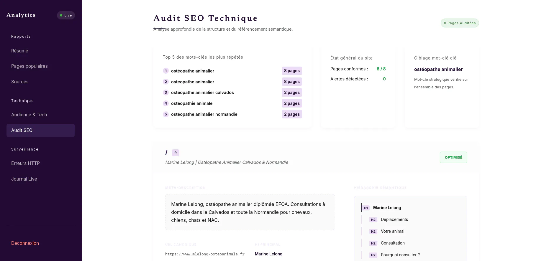 Interface du dashboard d'administration et d'audit SEO Marine Lelong