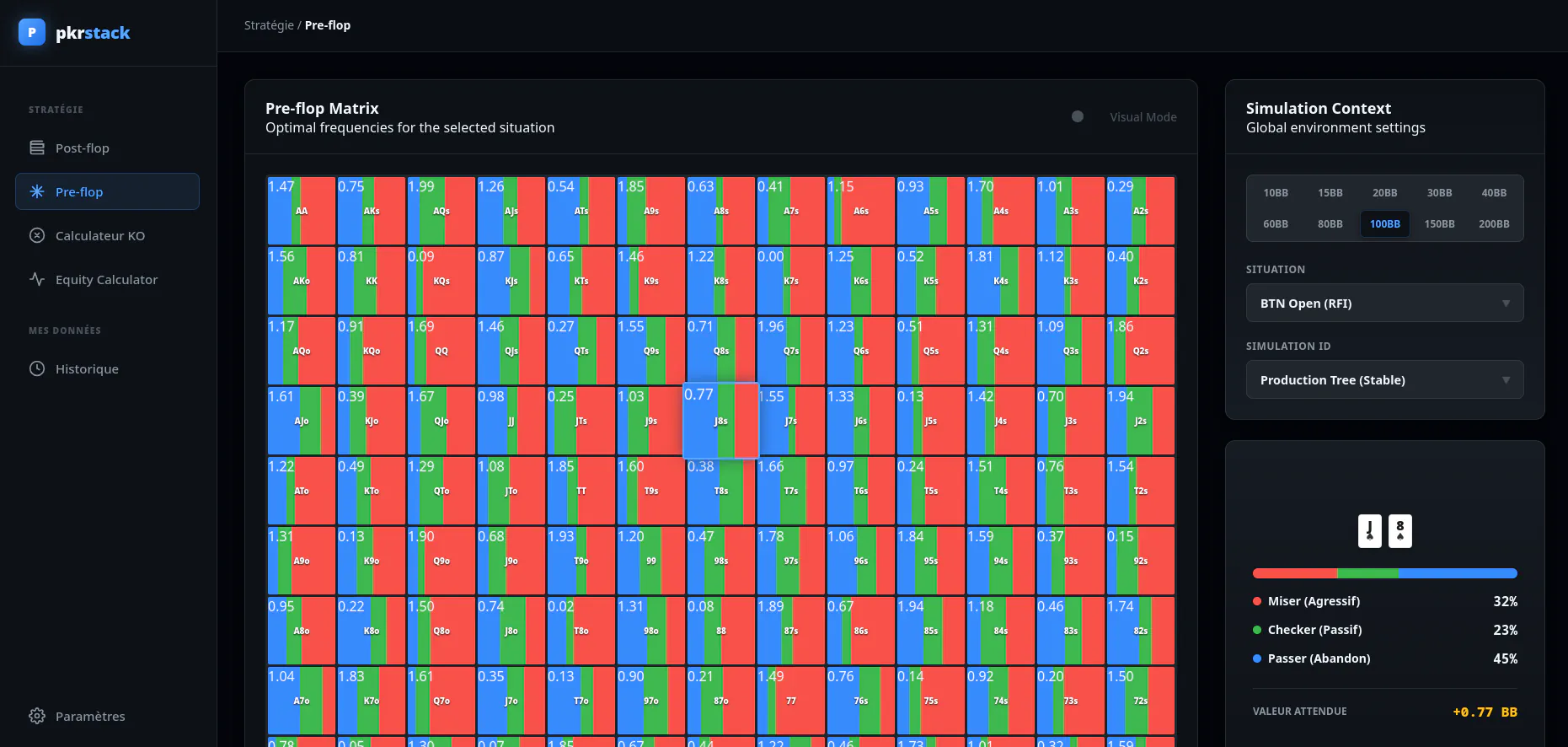 Interface de la matrice pre-flop et solveur de stratégie PKRStack (Projet Expérimental)
